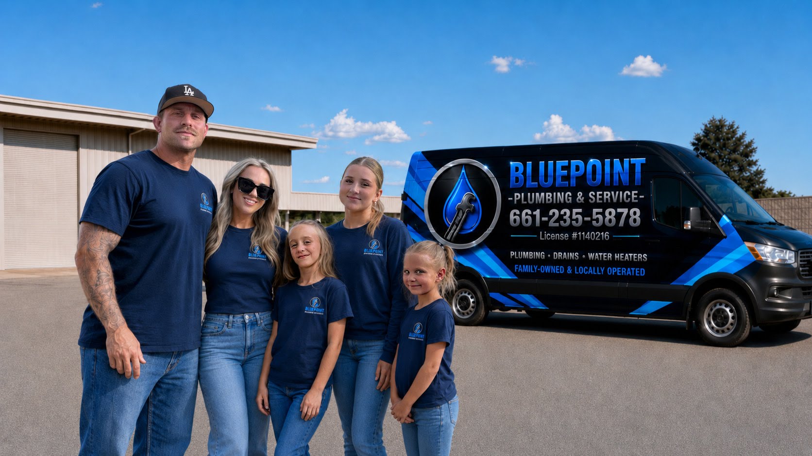 The Parker family, owners of BluePoint Plumbing, in front of the company van in Santa Clarita