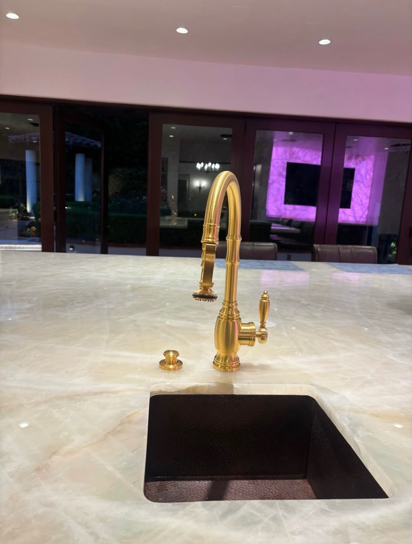 Brushed gold kitchen faucet fixture installation by BluePoint Plumbing in Santa Clarita
