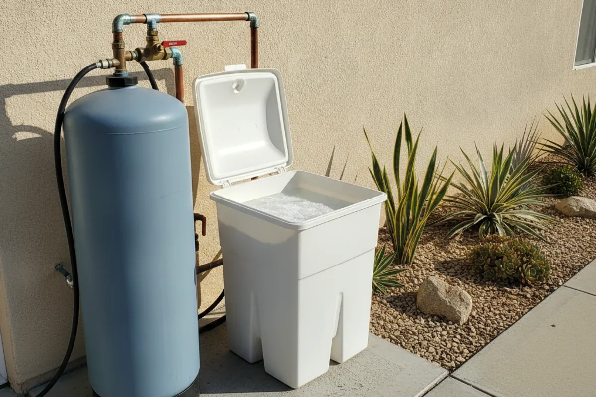 Residential water softener resin tank and brine tank installed against a stucco wall beside a gravel garden