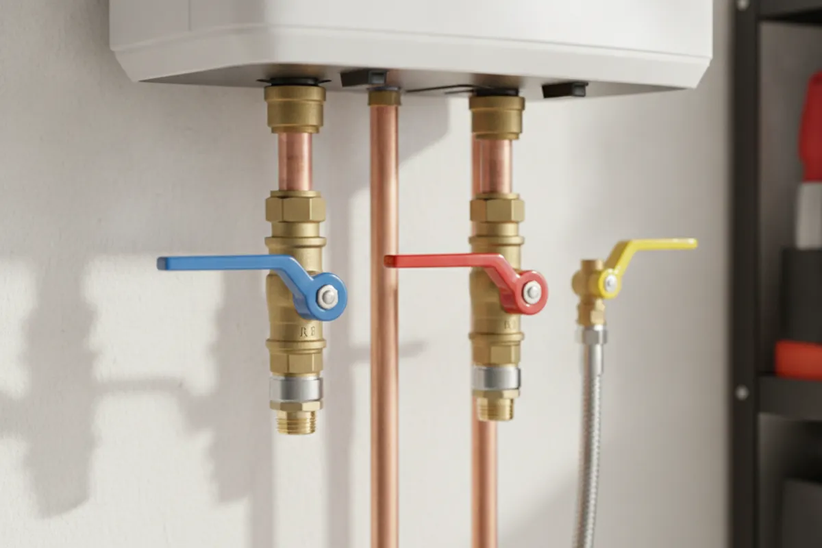 Isolation service valves with red and blue handles and a yellow gas shutoff under a wall-mounted tankless water heater