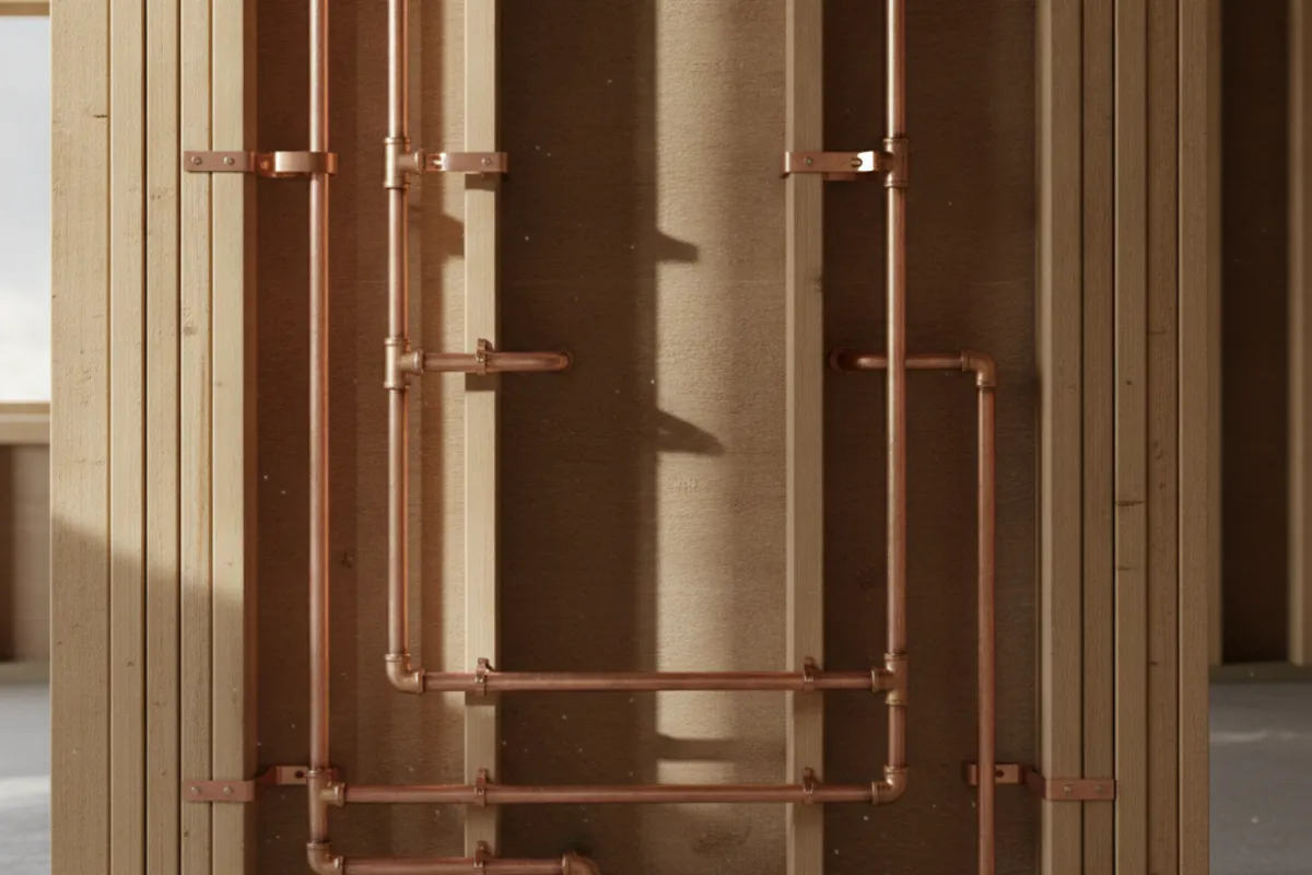 Copper supply pipes with elbow fittings strapped to open wall framing