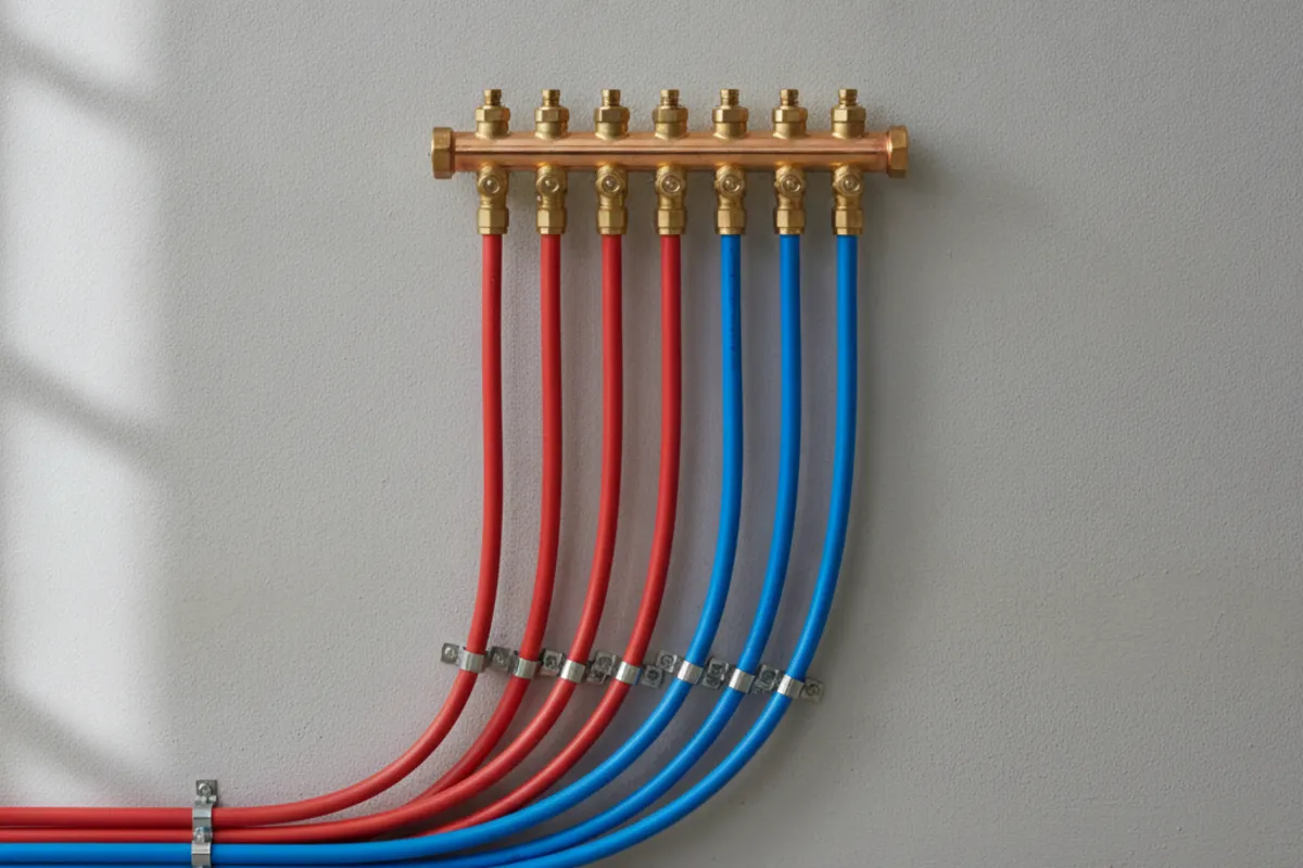 PEX manifold with a row of shut off valves feeding red and blue supply lines