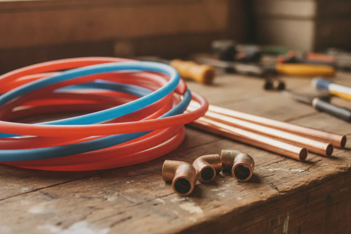 Coils of red and blue flexible PEX tubing next to lengths of rigid copper pipe on a workbench