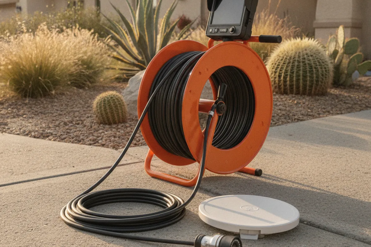 Drain inspection camera reel and monitor on a driveway beside a sewer cleanout cap