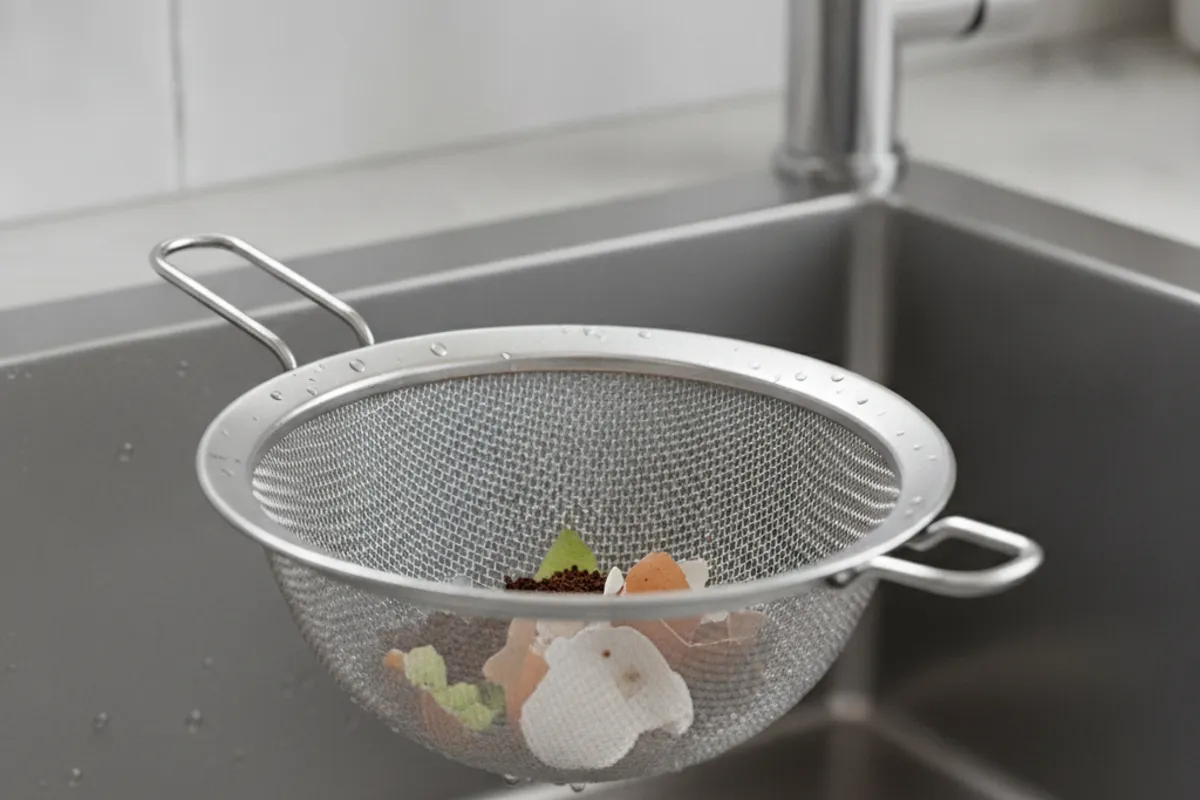 Mesh strainer catching food scraps in a stainless steel kitchen sink